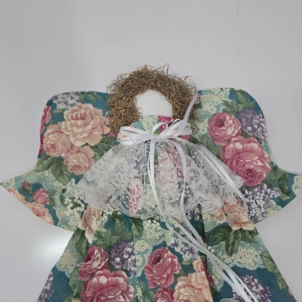 Vtg Hand Made Hanging Holy Angels Fabric Angel Floral‎ Lace Christmas Folk Art